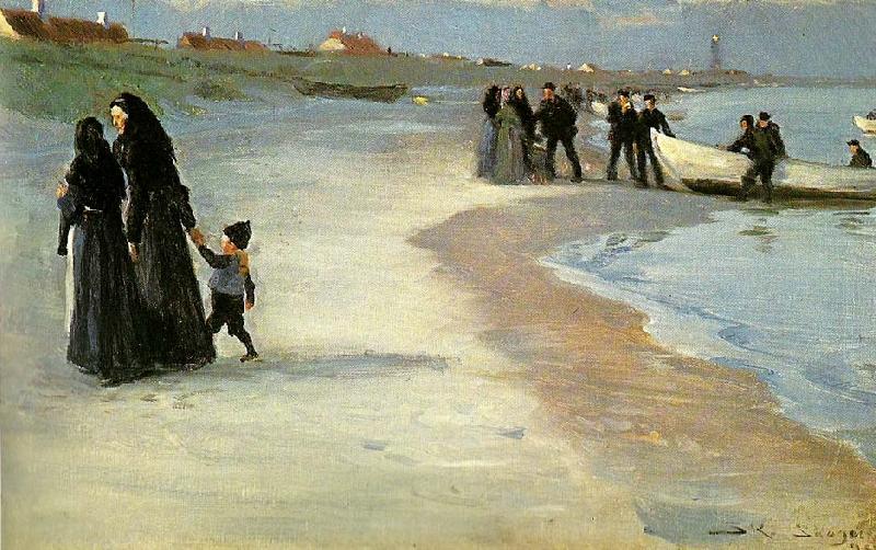 Peter Severin Kroyer en hvid bad i strandkanten, lys sommeraften